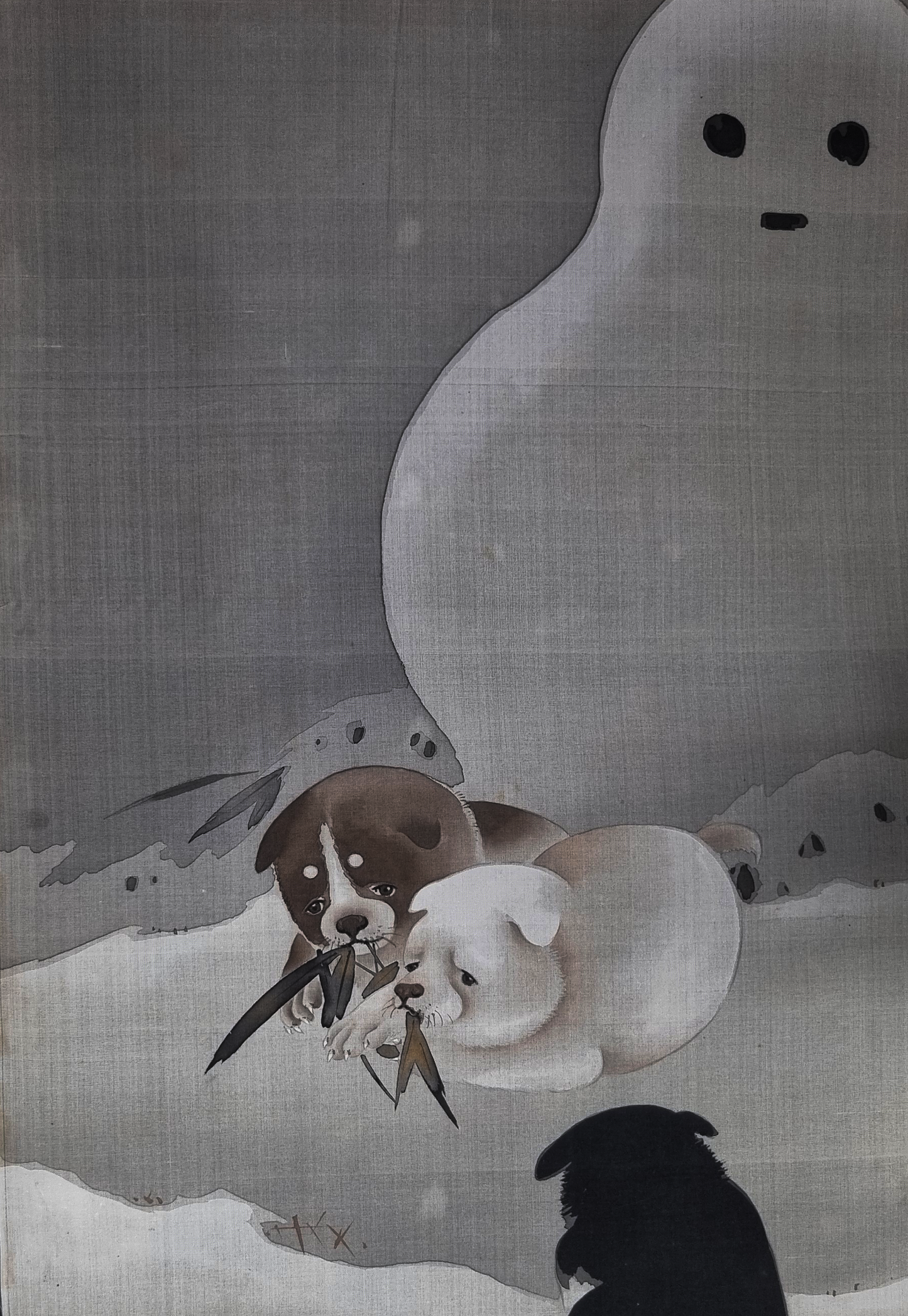 MAKURI - Three Puppies and a Jukidaruma Snowman - by Gyokusan