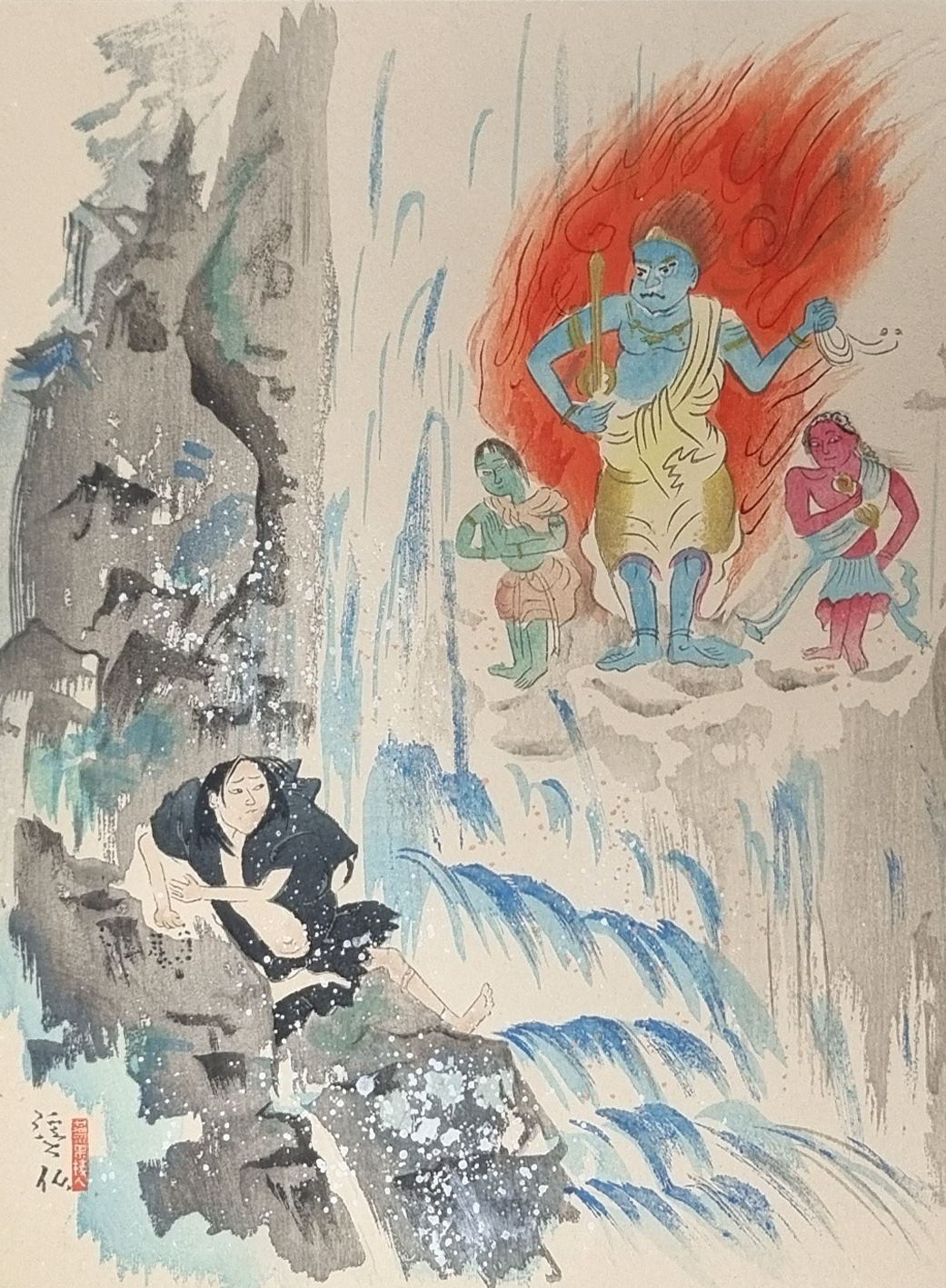 NIHONGA - Originele Tomita Keisen (1879-1936) - De godheid Fudo Myoo en de priester Mongaku, 1923