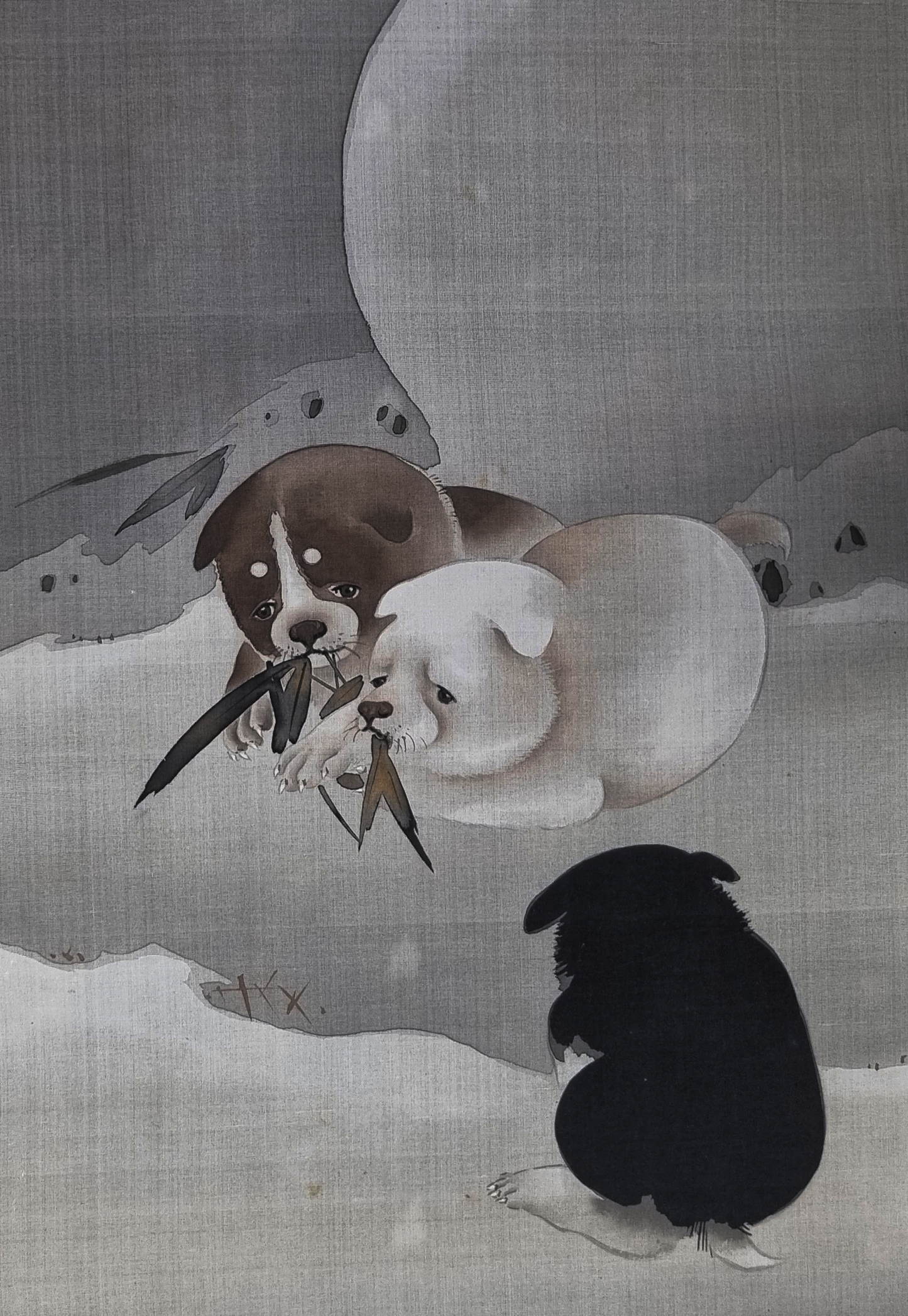 MAKURI - Three Puppies and a Jukidaruma Snowman - by Gyokusan