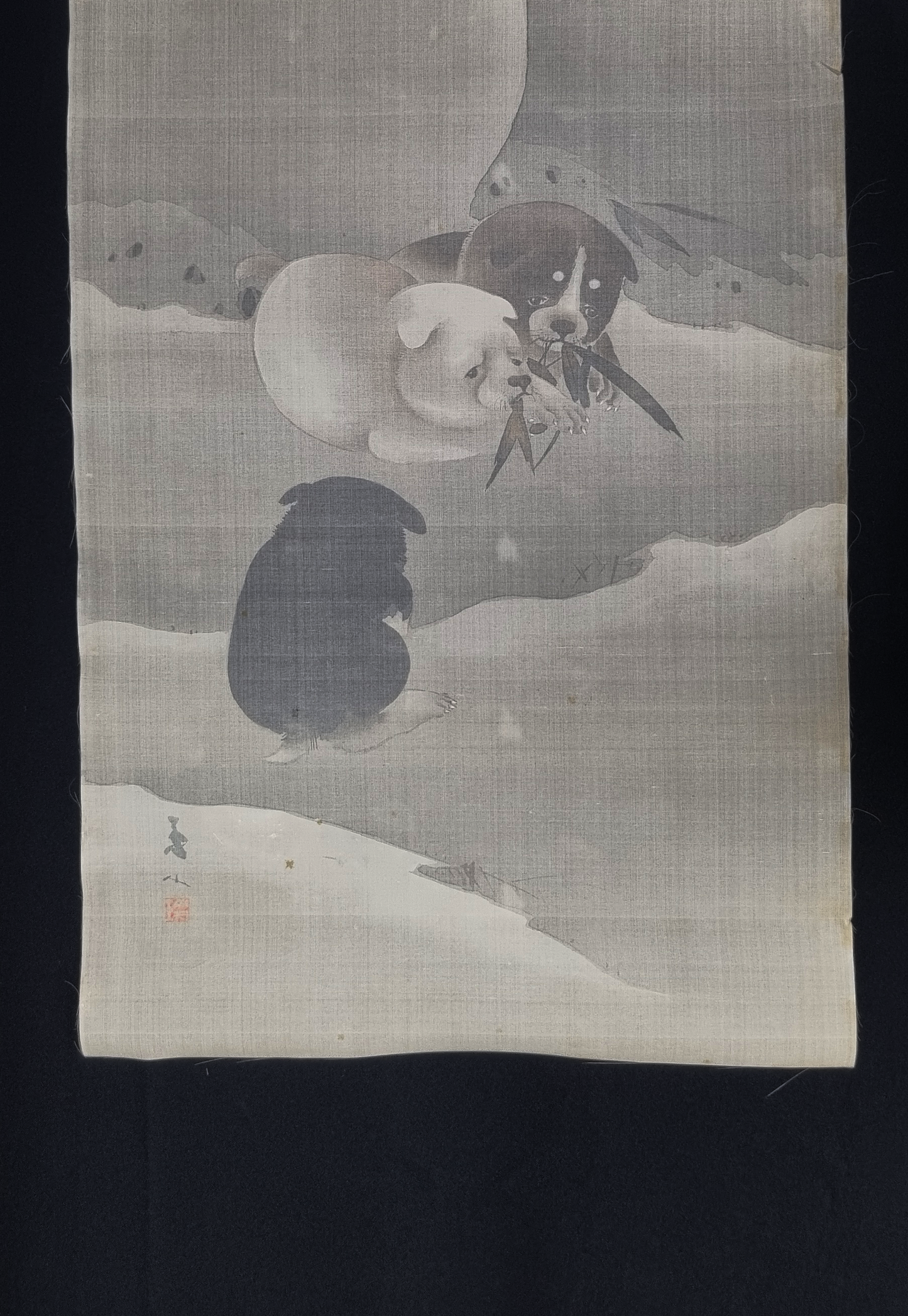 MAKURI - Three Puppies and a Jukidaruma Snowman - by Gyokusan