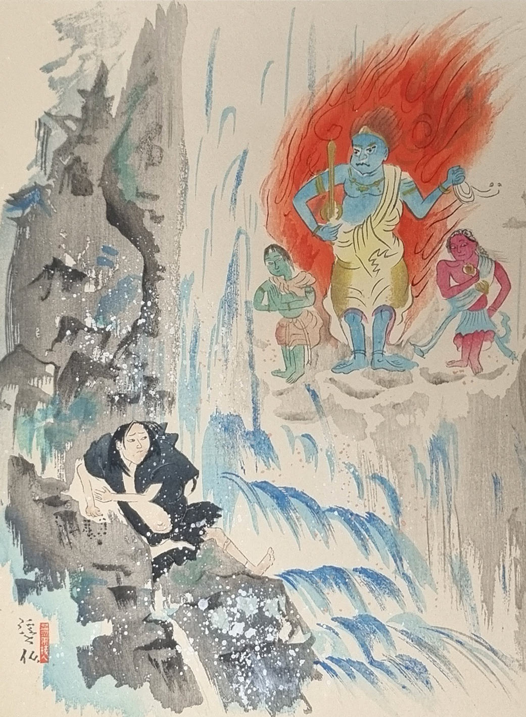 UKIYO-E - Originele Tomita Keisen (1879-1936) - De godheid Fudo Myoo en de priester Mongaku, 1923